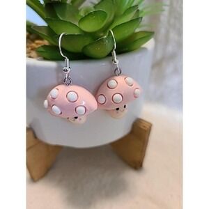 Handcrafted Pink Mushroom Dangle Drop Earrings NEW Nature Ladies/Girls Playful